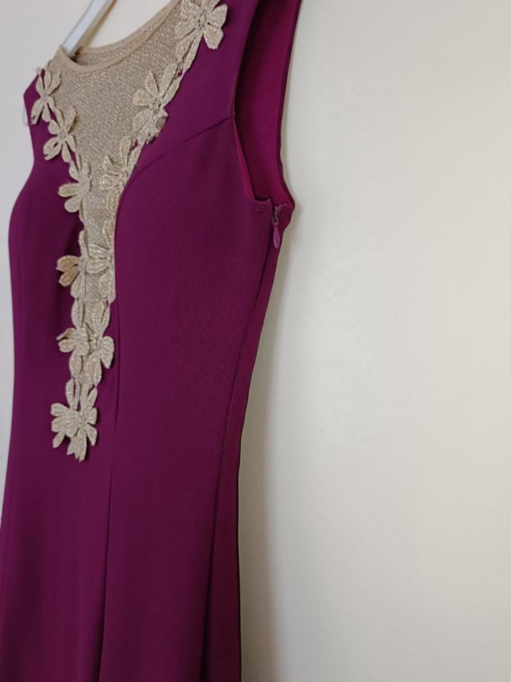 Gold Çiçek Detaylı Mürdüm Abiye Elbise - Görsel 4