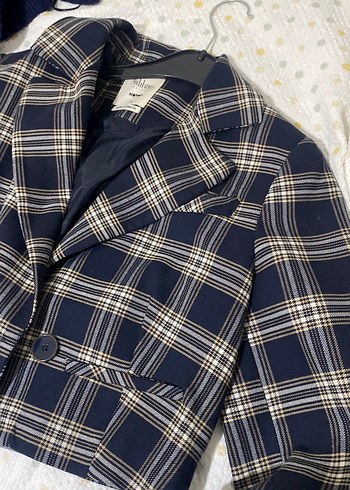 Kadın Gri Ekose Düğmeli Blazer Ceket - Görsel 3