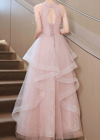 Beauty Collection Pembe Nakışlı Uzun Kat Katlı Nişan Elbisesi