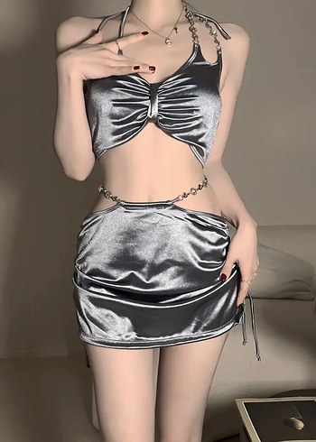 Metalik Mini Drapeli 3lü bikini takımı