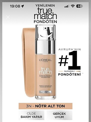 L?Oreal Paris True match bakım yapan fondöten 3N CREAMY BEİGE