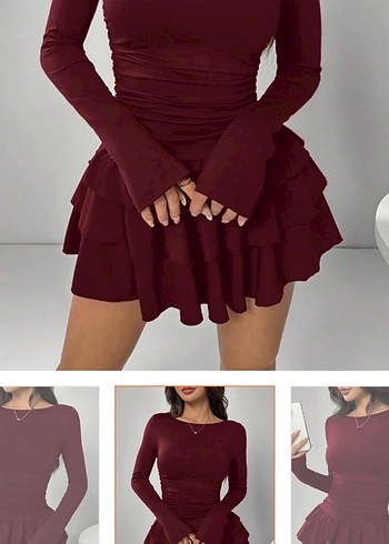 Bordo Mini Elbise, Uzun Kollu, Fırfırlı - Görsel 3