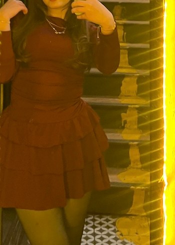 Bordo Mini Elbise, Uzun Kollu, Fırfırlı - Görsel 4