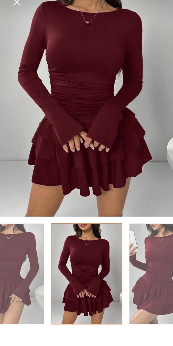 Bordo Mini Elbise, Uzun Kollu, Fırfırlı - Görsel 3