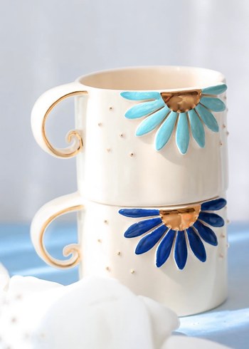 Çiçek Desenli Beyaz Seramik Kupa - Görsel 4