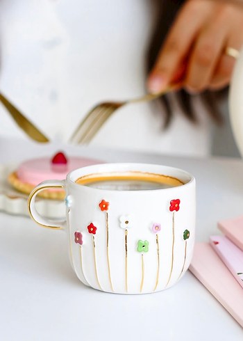 Çiçek Desenli Beyaz Seramik Kupa - Görsel 6