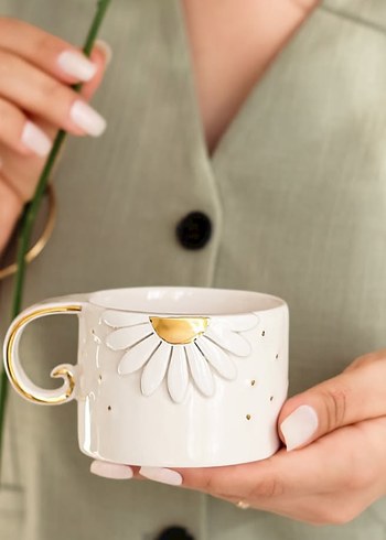 Çiçek Desenli Beyaz Seramik Kupa - Görsel 10