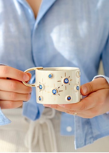 Çiçek Desenli Beyaz Seramik Kupa - Görsel 8