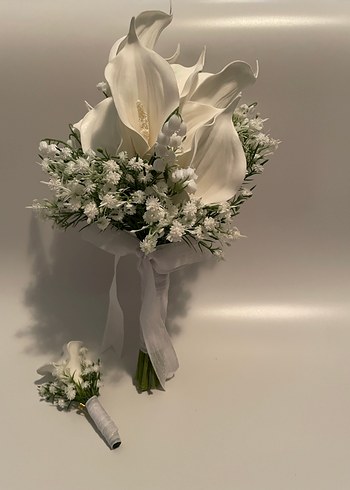 Dantel Detaylı Beyaz Gelin Buketi ve Yaka Çiçeği - Görsel 9