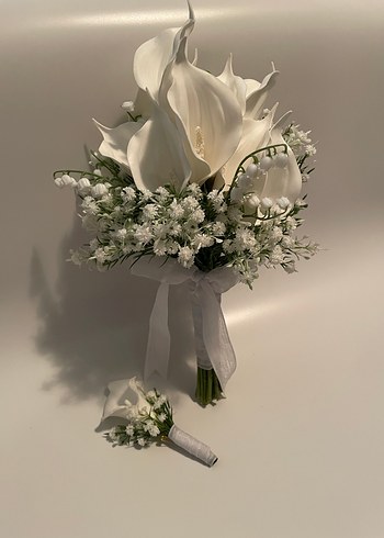 Dantel Detaylı Beyaz Gelin Buketi ve Yaka Çiçeği - Görsel 10