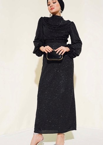 Siyah Drapeli Yılan Desenli Uzun Abiye Elbise - Görsel 3