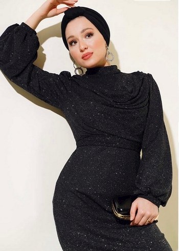 Uzun Siyah Yılan Desenli Drapeli Abiye Elbise - Görsel 2