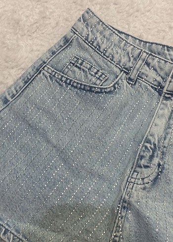 34 Beden Kadın Gri Mavi Payetli Mini Denim Şort