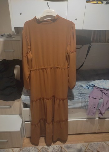 46 Beden camel Renk Bej Uzun Kollu Fırfırlı Bohem Elbise