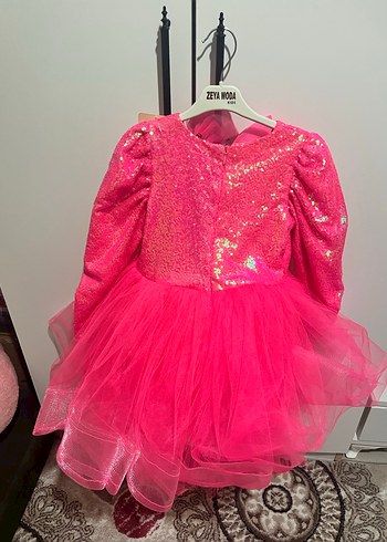 Parlak Pembe Uzun Kollu Kız Çocuk Elbise - Görsel 2