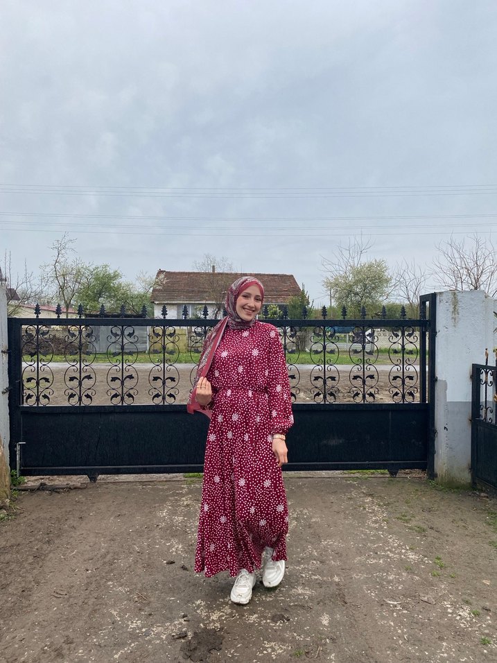 Bordo Bağcıklı Salaş Uzun Elbise - Görsel 2