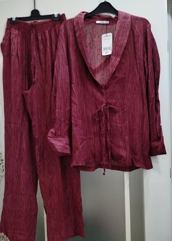 Zara Bordo Piliseli Midi Keten Kadın Takım