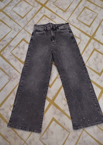 Pullu Gri Bol Kesim Kadın Denim Pantolon