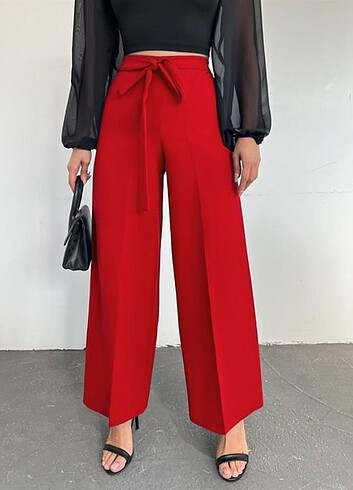Beli Bağcıklı Double Bol Paça Pantolon -Kırmızı