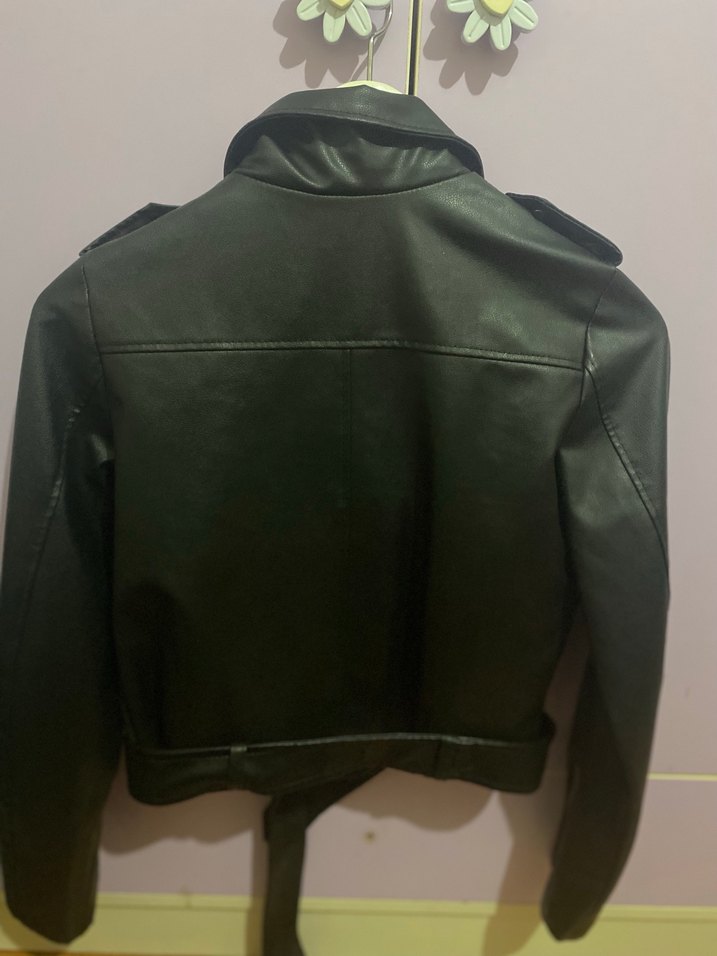 Kadın Siyah Mini Deri Biker Ceket - Görsel 2