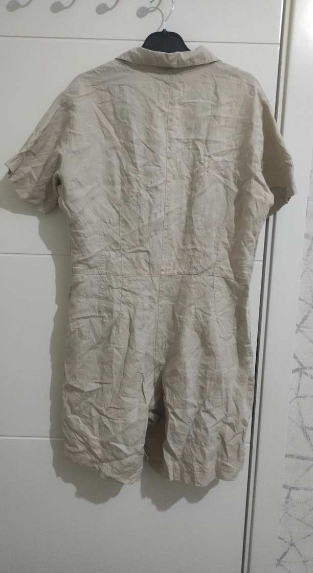 Bej Keten Kadın Kısa Tulum - Görsel 4