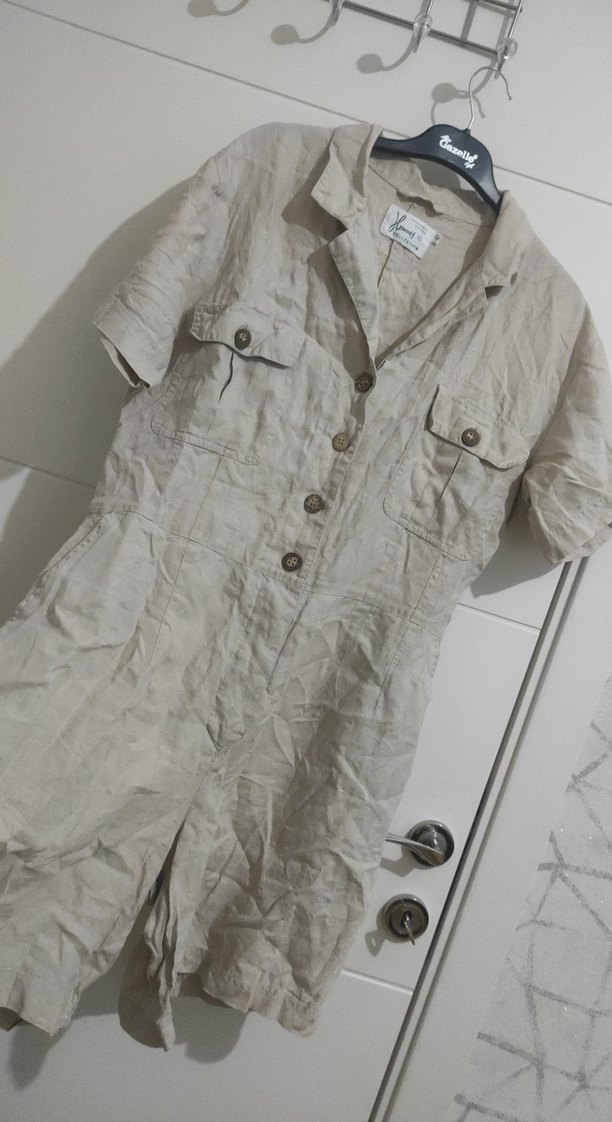 Bej Keten Kadın Kısa Tulum - Görsel 3