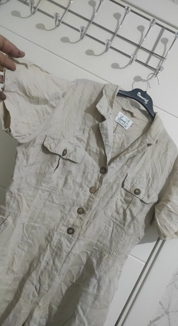 Bej Keten Kadın Kısa Tulum - Görsel 2