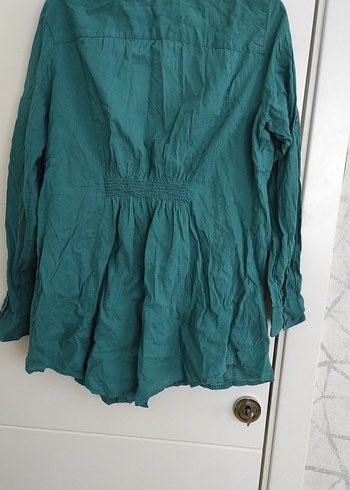 Düğmeli Yeşil Keten Kadın Gömlek - Görsel 2