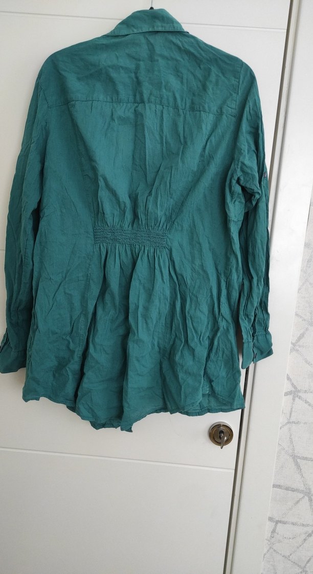 Düğmeli Yeşil Keten Kadın Gömlek - Görsel 2