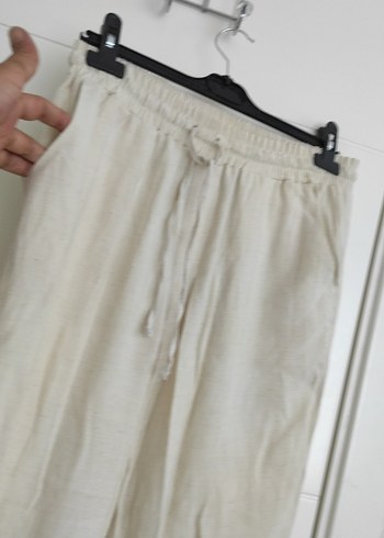 beli lastikli Bej Bohem Keten Pantolon - Görsel 3