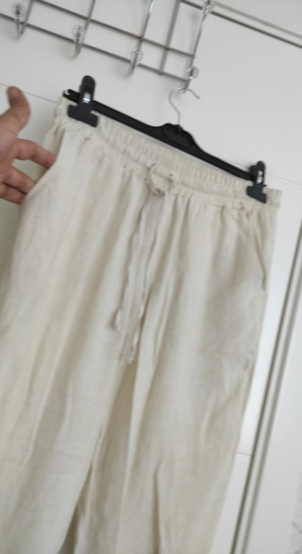 beli lastikli Bej Bohem Keten Pantolon - Görsel 3