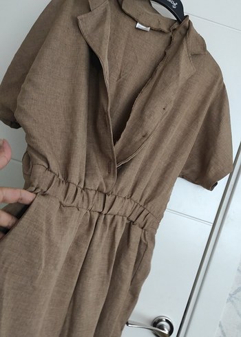 Bej Keten Midi Kadın Tulum - Görsel 4