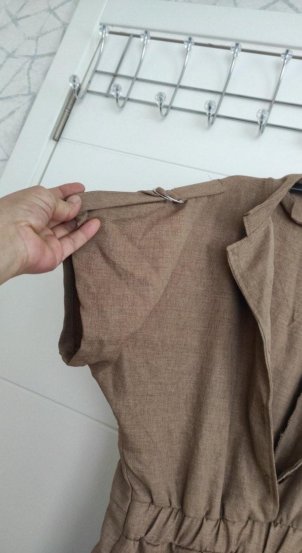 Bej Keten Midi Kadın Tulum - Görsel 3