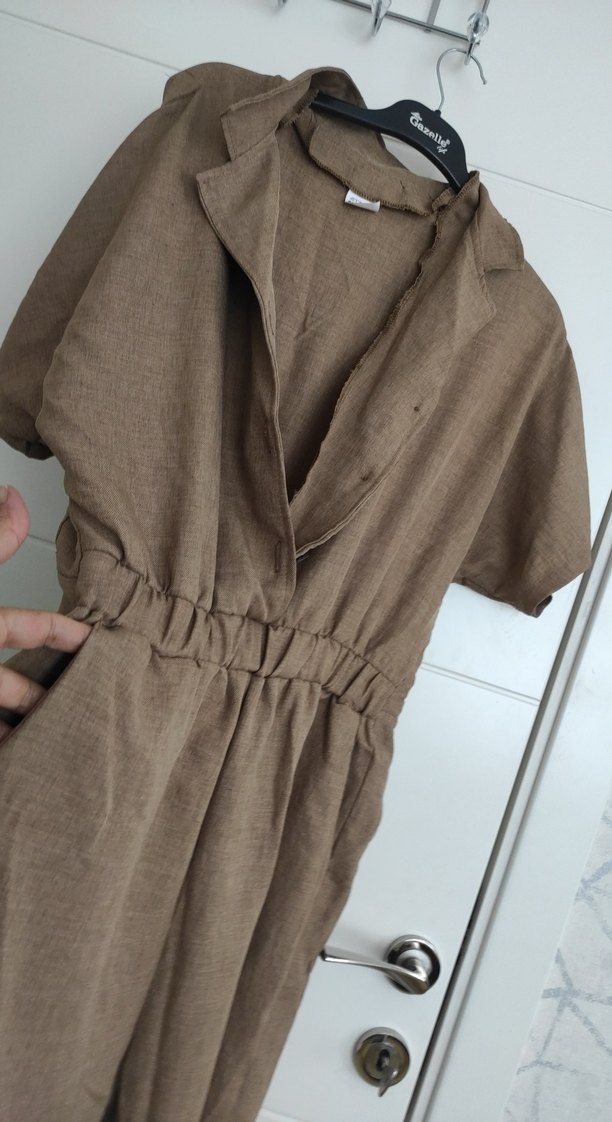 Bej Keten Midi Kadın Tulum - Görsel 4