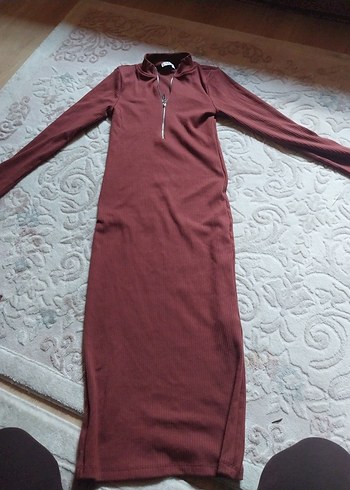 Bordo Uzun Kollu Fermuarlı Elbise