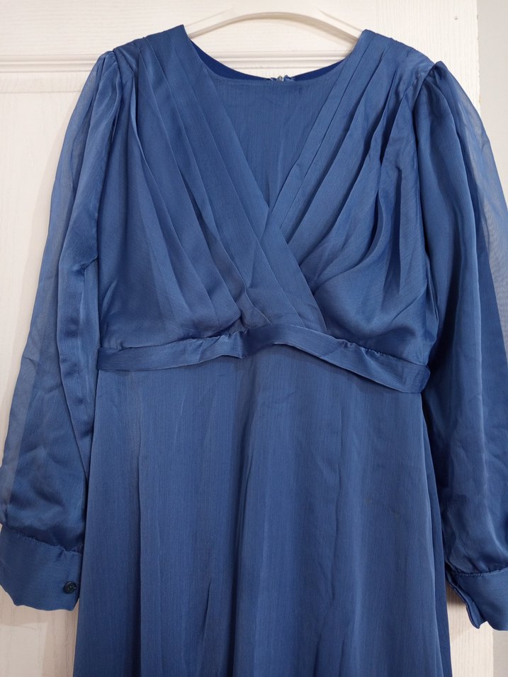 Uzun Kollu, V Yaka Drapeli Mavi Uzun Elbise - Görsel 3