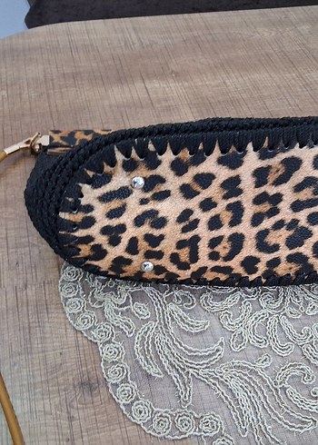 Dantel Detaylı Leopar Desenli Örgü Kadın Çanta - Görsel 5