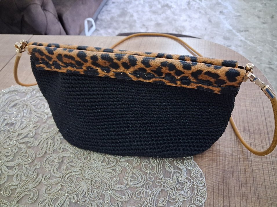 Dantel Detaylı Leopar Desenli Örgü Kadın Çanta - Görsel 4