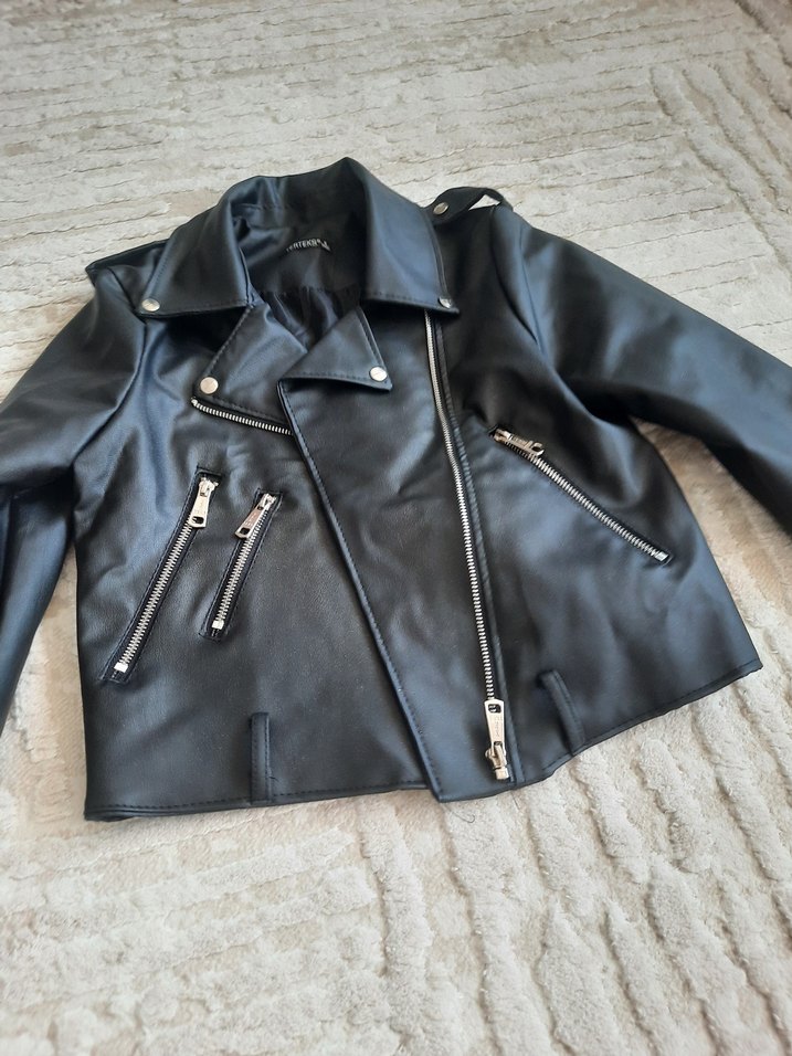 Siyah Deri Kısa Biker Ceket - Görsel 2