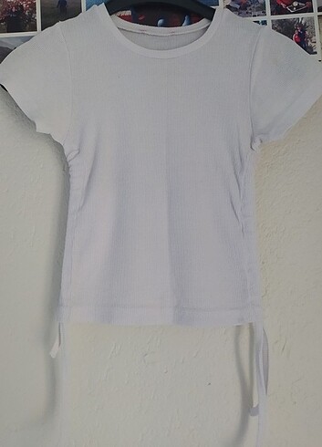 Kadın Beyaz Yandan Sıkmalı Crop T-shirt 