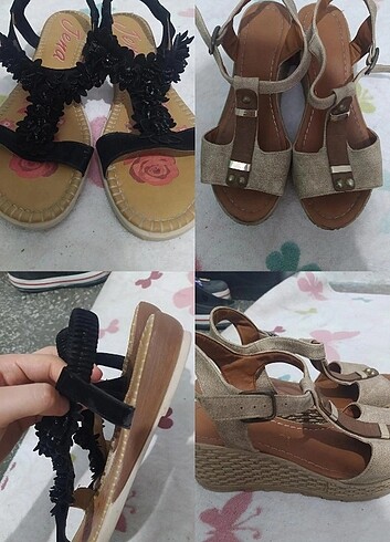 Siyah taşlı ve çiçekli ve Bej Sandalet