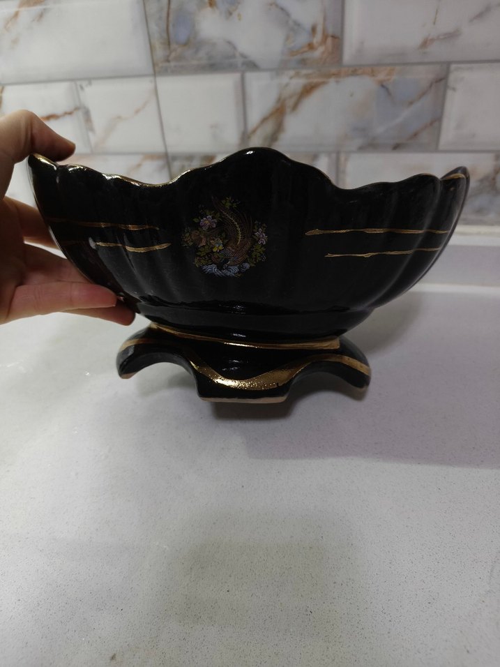 Siyah Parlak Seramik Vazo ve Kase Seti - Görsel 3