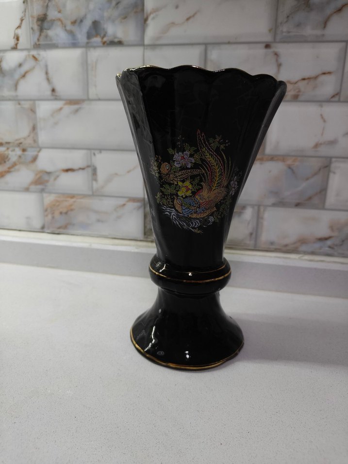 Siyah Parlak Seramik Vazo ve Kase Seti - Görsel 2