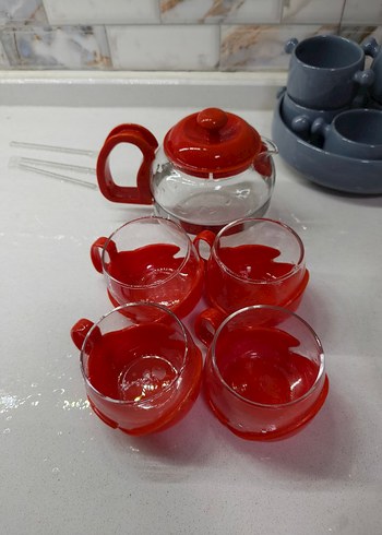 Kırmızı Kulplu Cam Çay Seti - Görsel 8