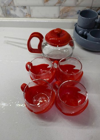 Kırmızı Kulplu Cam Çay Seti - Görsel 7
