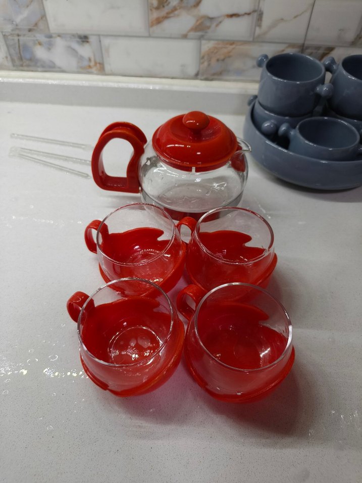 Kırmızı Kulplu Cam Çay Seti - Görsel 5