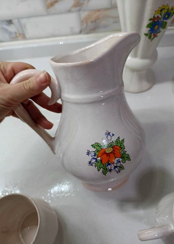 Pastel Renkli Beyaz Porselen Sürahi ve Bardak Seti - Görsel 4