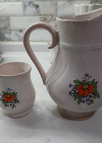 Pastel Renkli Beyaz Porselen Sürahi ve Bardak Seti - Görsel 11