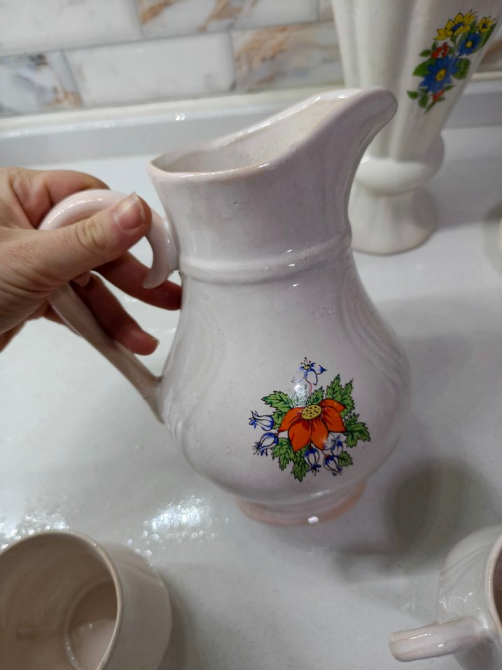 Pastel Renkli Beyaz Porselen Sürahi ve Bardak Seti - Görsel 4