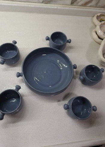 Mavi Seramik Kulplu Tabak ve Kase Seti - Görsel 4